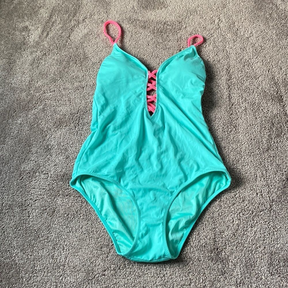 Victoria’s Secret Teal Pink Lace Up One Piece Swimsuit Plunge Neck SIZE S